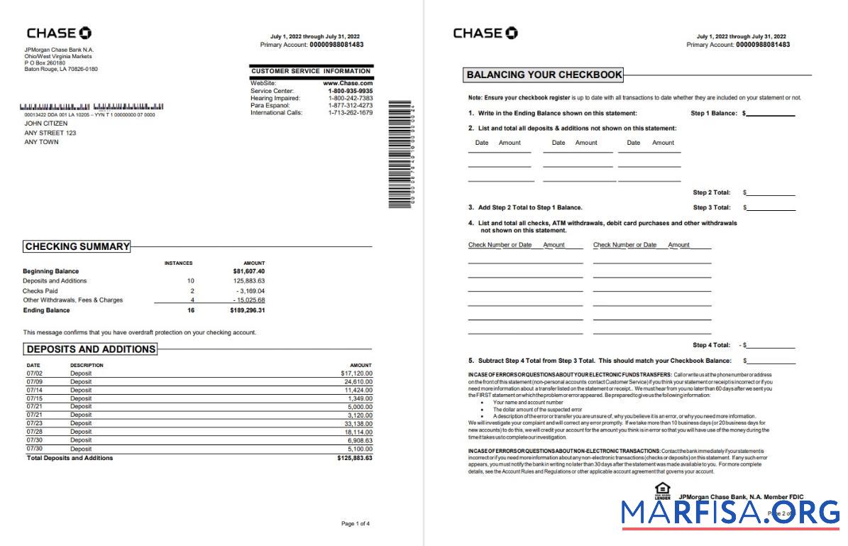 Blank USA Chase bank statement word 4 pages sample